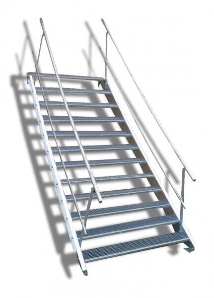 12-stufige Stahltreppe mit beidseitigem Geländer / Breite: 130 cm / Wangentreppe mit 12 Stufen