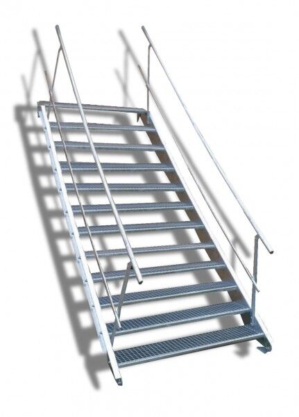 12-stufige Stahltreppe mit beidseitigem Geländer / Breite: 60 cm / Wangentreppe mit 12 Stufen