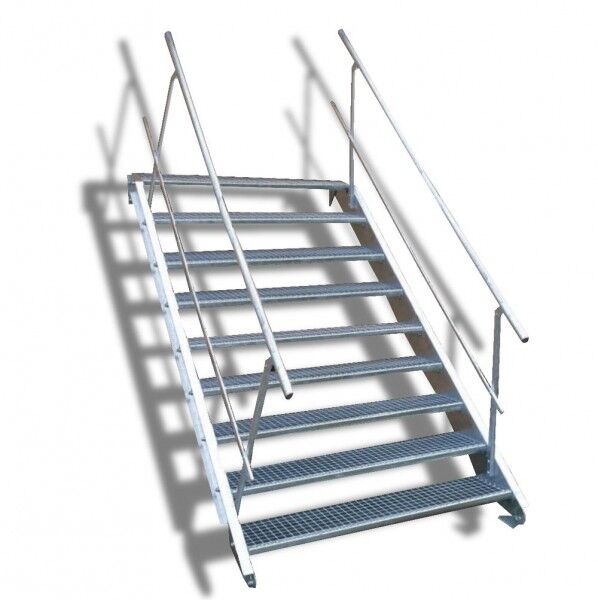 9-stufige Stahltreppe mit beidseitigem Geländer / Breite: 160 cm / Wangentreppe mit 9 Stufen