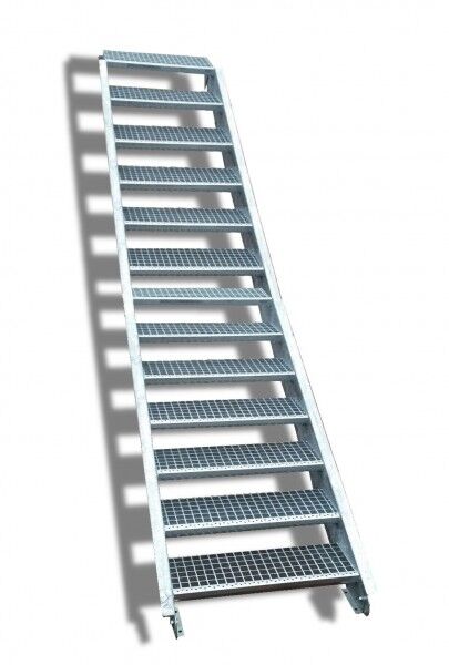 13-stufige Stahltreppe / Breite: 160 cm / Wangentreppe / Gitterrosttreppe mit 13 Stufen