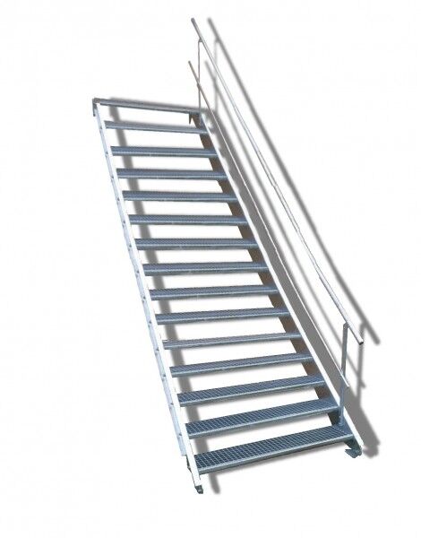 15-stufige Stahltreppe mit einseitigem Geländer / Breite: 110 cm / Wangentreppe mit 15 Stufen