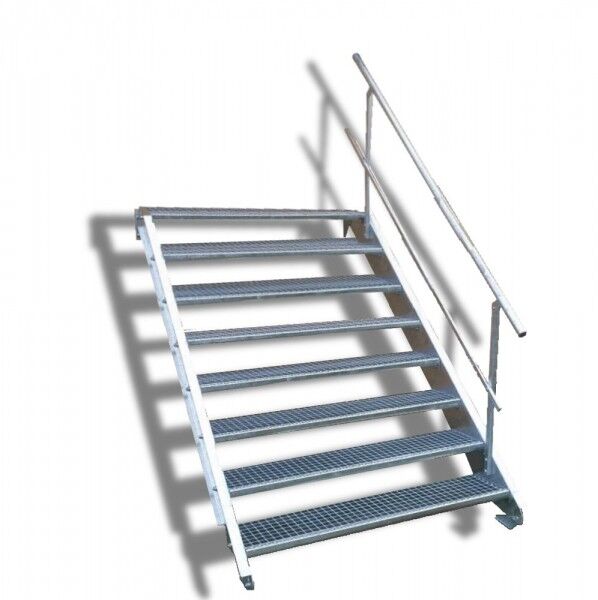8-stufige Stahltreppe mit einseitigem Geländer / Breite: 130 cm / Wangentreppe mit 8 Stufen