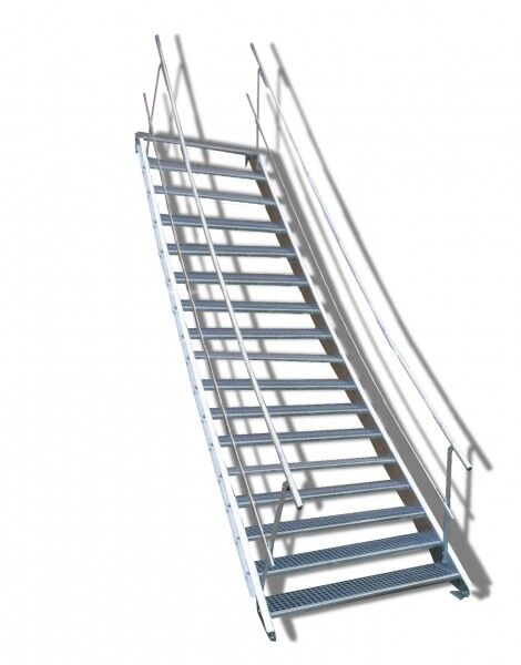 17-stufige Stahltreppe mit beidseitigem Geländer / Breite: 160 cm / Wangentreppe mit 17 Stufen