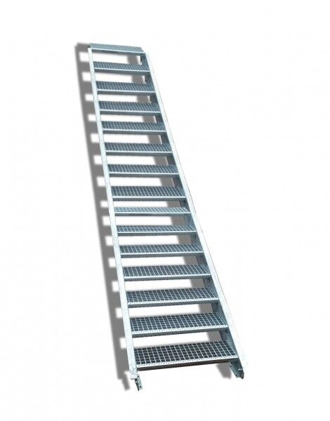 15-stufige Stahltreppe / Breite: 160 cm / Wangentreppe / Gitterrosttreppe mit 15 Stufen