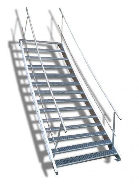 14-stufige Stahltreppe mit beidseitigem Geländer / Breite: 150 cm / Wangentreppe mit 14 Stufen