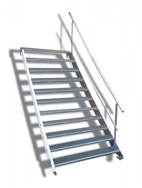 11-stufige Stahltreppe mit einseitigem Geländer / Breite: 70 cm / Wangentreppe mit 11 Stufen