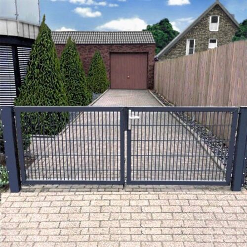 Einfahrtstor Basic (2-flügelig) symmetrisch; Anthrazit RAL 7016 Doppelstabmatte; Breite 250cm Höhe 203cm