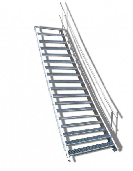 18-stufige Stahltreppe mit einseitigem Geländer / Breite: 90 cm / Wangentreppe mit 18 Stufen