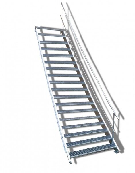 18-stufige Stahltreppe mit einseitigem Geländer / Breite: 120 cm / Wangentreppe mit 18 Stufen