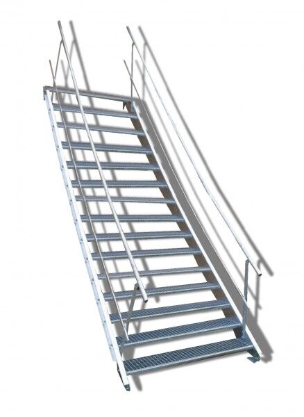 15-stufige Stahltreppe mit beidseitigem Geländer / Breite: 120 cm / Wangentreppe mit 15 Stufen
