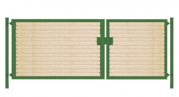 Einfahrtstor Premium (2-flügelig) mit Holzfüllung waagerecht; asymmetrisch; grün; B:350 cm H:100 cm