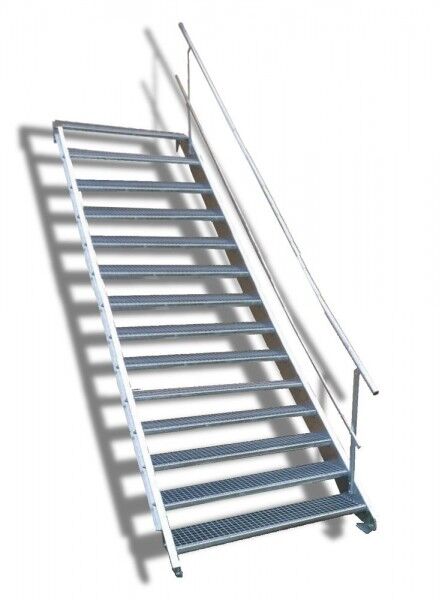 14-stufige Stahltreppe mit einseitigem Geländer / Breite: 130 cm / Wangentreppe mit 14 Stufen