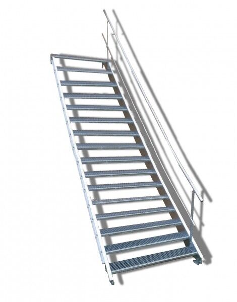 16-stufige Stahltreppe mit einseitigem Geländer / Breite: 140 cm / Wangentreppe mit 16 Stufen