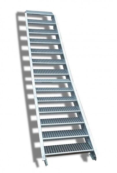 14-stufige Stahltreppe / Breite: 130 cm / Wangentreppe / Gitterrosttreppe mit 14 Stufen