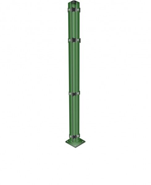 Zauneckpfosten mit Fußplatte / zum Aufdübeln mit Abdeckleisten Grün für Zaunfelder Höhe 123 cm