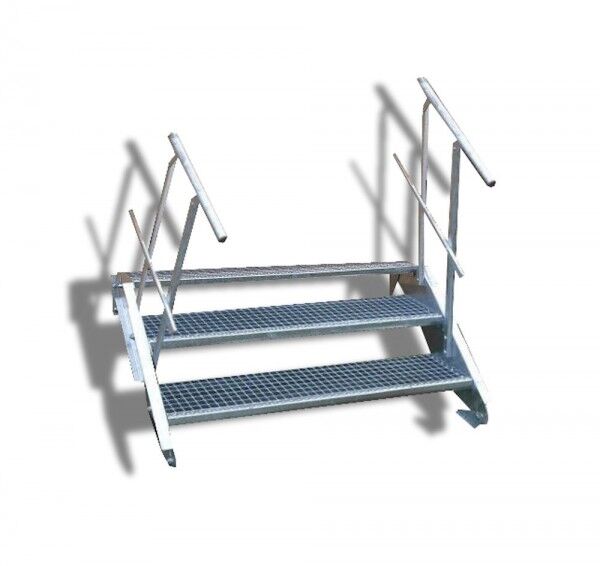 3-stufige Stahltreppe mit beidseitigem Geländer / Breite: 150 cm / Wangentreppe mit 3 Stufen