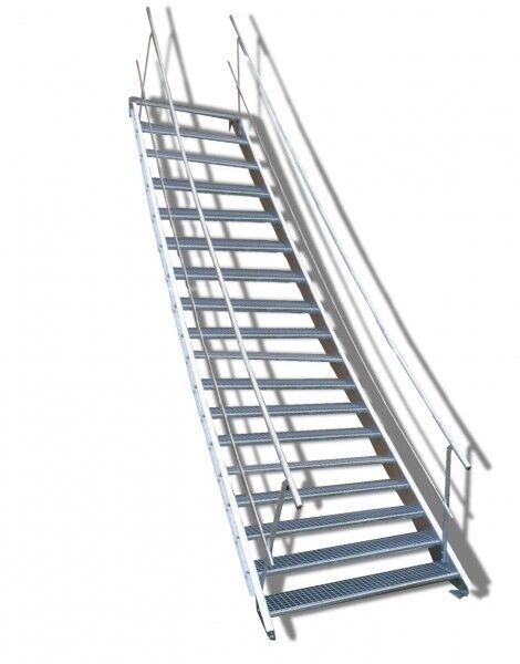 18-stufige Stahltreppe mit beidseitigem Geländer / Breite: 90 cm / Wangentreppe mit 18 Stufen