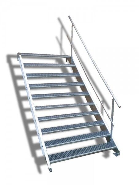 10-stufige Stahltreppe mit einseitigem Geländer / Breite: 110 cm / Wangentreppe mit 10 Stufen