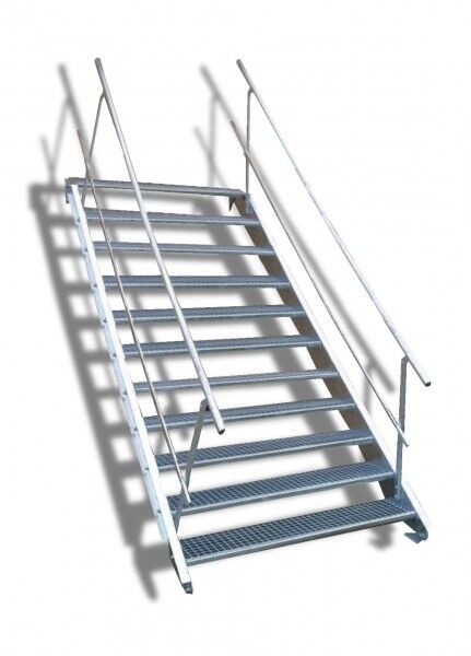 11-stufige Stahltreppe mit beidseitigem Geländer / Breite: 140 cm / Wangentreppe mit 11 Stufen