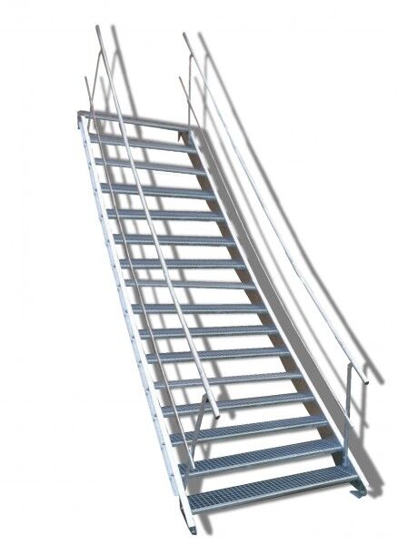 16-stufige Stahltreppe mit beidseitigem Geländer / Breite: 160 cm / Wangentreppe mit 16 Stufen