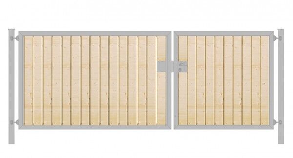 Elektrisches Einfahrtstor Premium-Line (2-flügelig) mit Holzfüllung senkrecht; asymmetrisch; verzinkt; B: 400 cm H: 200 cm