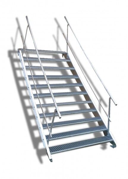 11-stufige Stahltreppe mit beidseitigem Geländer / Breite: 120 cm / Wangentreppe mit 11 Stufen