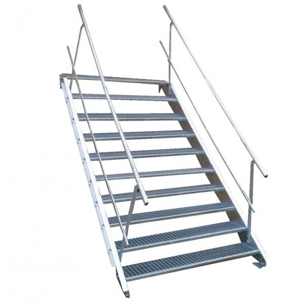 10-stufige Stahltreppe mit beidseitigem Geländer / Breite: 160 cm / Wangentreppe mit 10 Stufen