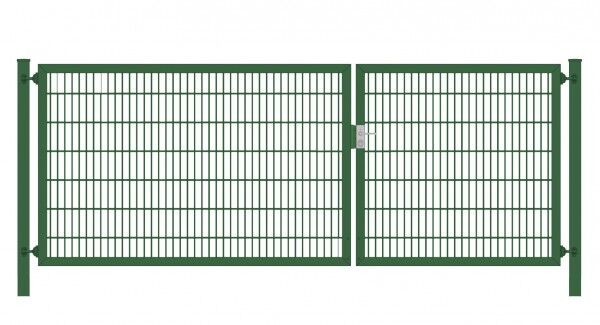 Einfahrtstor Classic Plus (2-flügelig) asymmetrisch; Moosgrün 6/5/6er Doppelstabmatte; Breite 350 cm x Höhe 180 cm