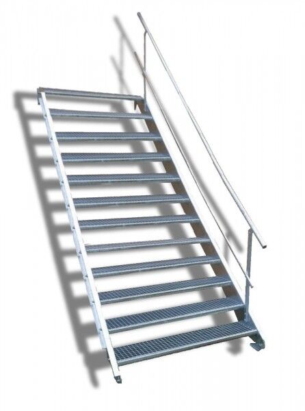 12-stufige Stahltreppe mit einseitigem Geländer / Breite: 140 cm / Wangentreppe mit 12 Stufen