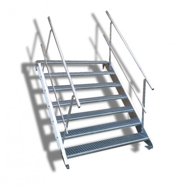 7-stufige Stahltreppe mit beidseitigem Geländer / Breite: 140 cm / Wangentreppe mit 7 Stufen