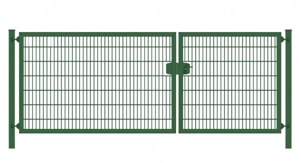 Einfahrtstor Premium Plus 6/5/6 (2-flügelig) asymmetrisch; Moosgrün RAL 6005 Doppelstabmatte; Breite 450 cm x Höhe 160 cm