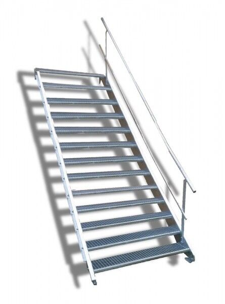 13-stufige Stahltreppe mit einseitigem Geländer / Breite: 90 cm / Wangentreppe mit 13 Stufen