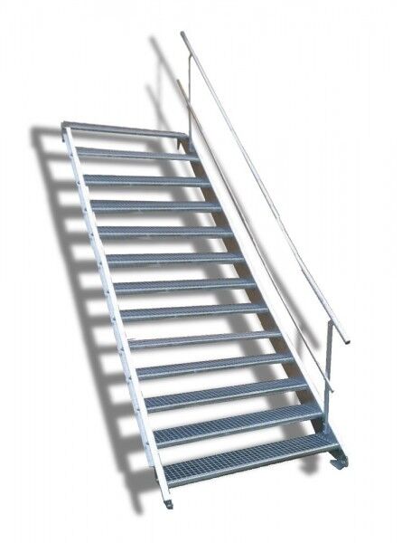 13-stufige Stahltreppe mit einseitigem Geländer / Breite: 130 cm / Wangentreppe mit 13 Stufen